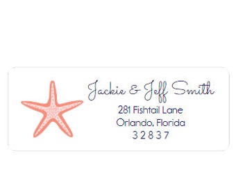 Return Address Labels - Nautical - Starfish - Coral and Navy Blue - Personalized - Custom