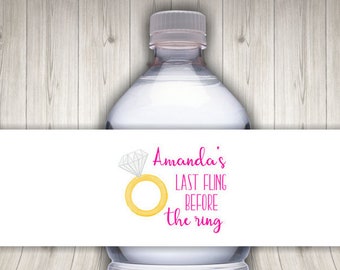 Bachelorette Party Water Bottle Labels - Last Fling Before the Ring - Waterproof - Personalized - Party Supplies - Bride to Be - Engaged