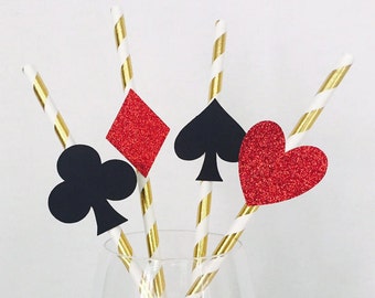 12 Playing Card Party Straws - Alice in Wonderland - Casino Party - Casino Night - Gamble - Hearts - Spades - Diamonds - Clubs - Glitter