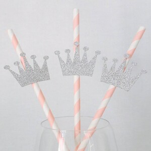 12 Crown Party Straws Princess Birthday Party Princess Party Royal Queen Silver Glitter Drink Stirrer Baby Shower image 1