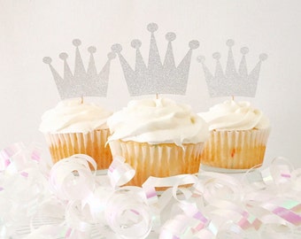 Crown Cupcake Toppers - Princess Party - Royal - Birthday Party - Baby Shower - Silver Glitter - Cake Topper