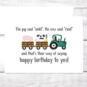 Birthday Card - Any Age - Farm Animals - Cow - Pig - Boy Birthday - Free Shipping