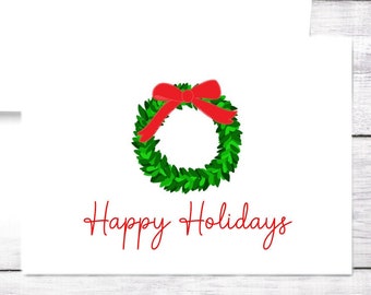 Christmas Card - Merry and Bright - Wreath - Happy Holidays - Greeting Card - Red and Green - Free Shipping