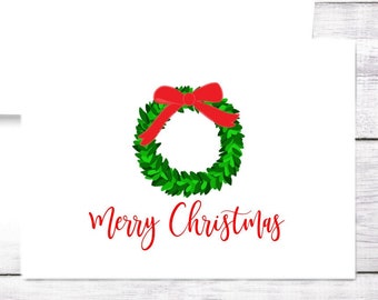 Christmas Card - Merry and Bright - Wreath - Happy Holidays - Greeting Card - Red and Green - Free Shipping