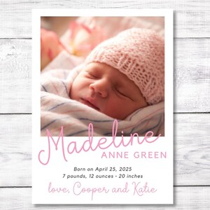 Faire-part de naissance, classique, fille, faire-part de naissance, preppy, nouveau bébé fille, cartes imprimées, rose et blanc, 5 x 7, fichier imprimé ou numérique