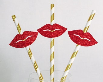 12 Red Lips Party Straws - Bachelorette Party - Bridal Shower - Kiss - Valentine's Day - Makeup - Glitter - Birthday Party