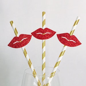 12 Red Lips Party Straws Bachelorette Party Bridal Shower Kiss Valentine's Day Makeup Glitter Birthday Party image 1