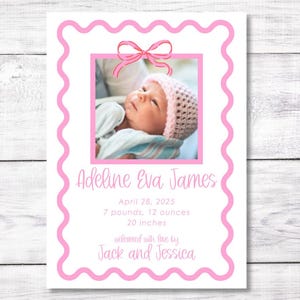 Faire-part de naissance, classique, fille, faire-part de naissance, preppy, nouveau bébé fille, cartes imprimées, rose et blanc, 5 x 7, fichier imprimé ou numérique