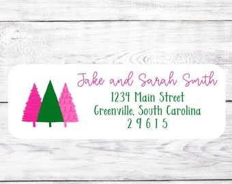 Christmas Card Return Address Labels - Trees - Pink and Green - Modern - Stickers - Custom - Personalized - Free Shipping