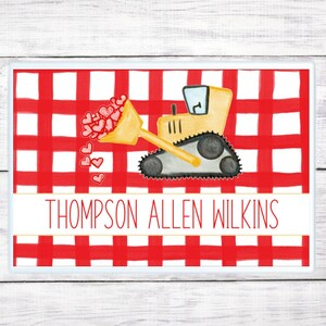 Personalized Valentine&#39;s Day Placemat: Digger Truck, Red Gingham