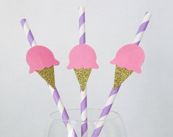 12 Ice Cream Party Straws - BBQ - Pool Party - Birthday Party - End of School Party - Pink and Purple - Summer - Ice Cream Cone