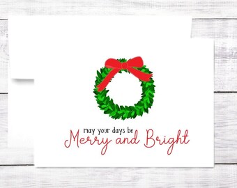 Christmas Card - Merry and Bright - Wreath - Happy Holidays - Greeting Card - Red and Green - Free Shipping