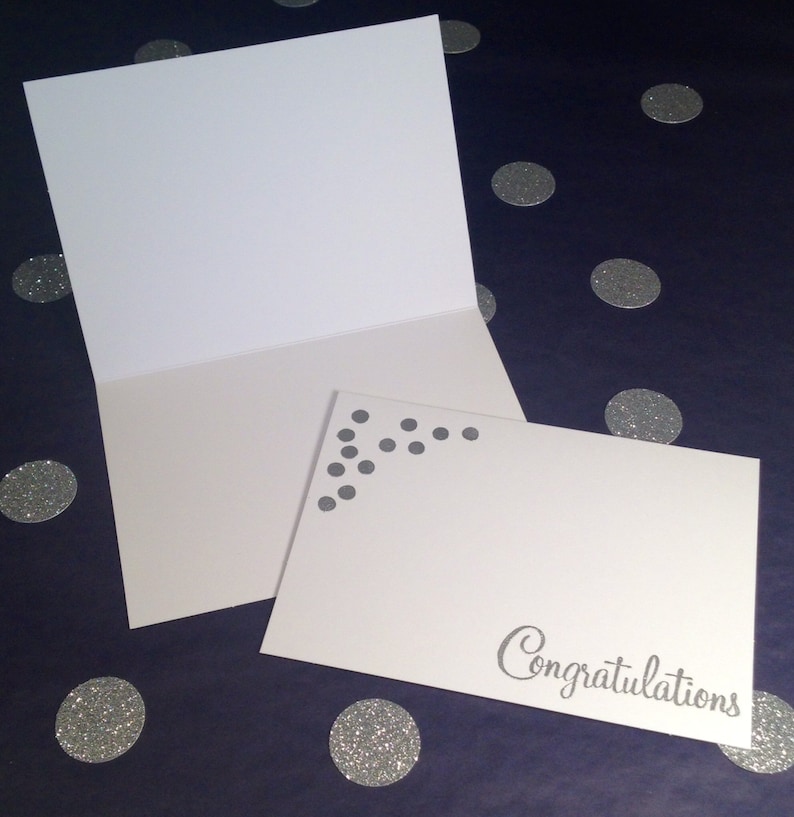 Congratulations Folded Note Cards and Envelopes Set of 8 Silver and White Polka Dot Design