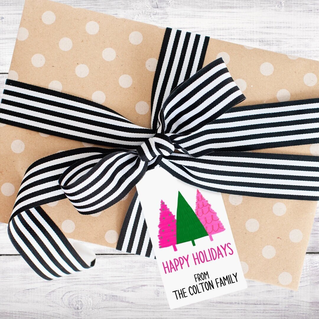 Personalized Christmas Gift Tags – Pink & Green Trees, Modern Holiday ...
