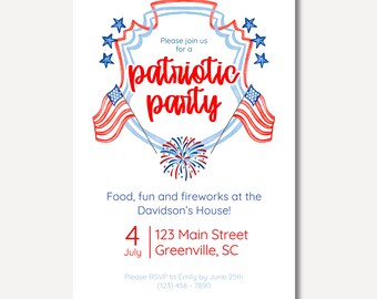 PRINTABLE Patriotic Party Invitation Template | 4th of July | Editable Corjl Template | Fireworks BBQ Invite | Red White Blue Party Invite