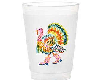 Preppy Turkey Frosted Cups, Watercolor Thanksgiving Drinkware (12 oz or 16 oz)