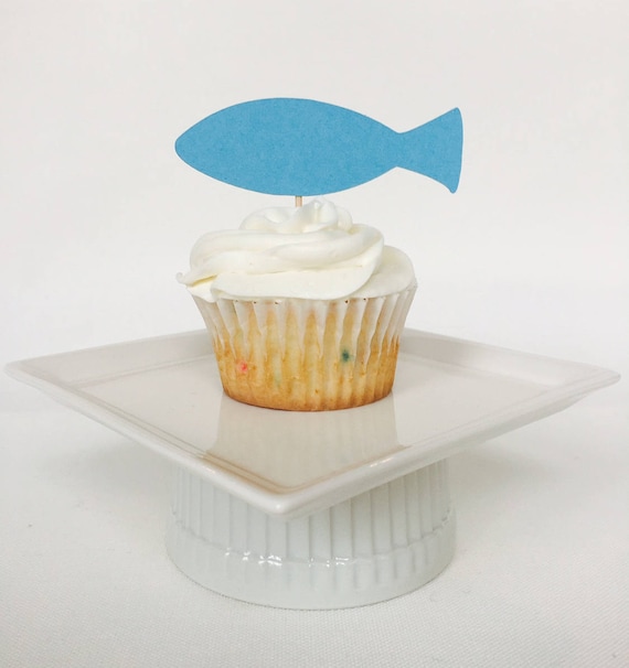 Fish Cupcake Toppers Under the Sea Birthday Party Nautical Baby Shower Blue  Cake Topper 