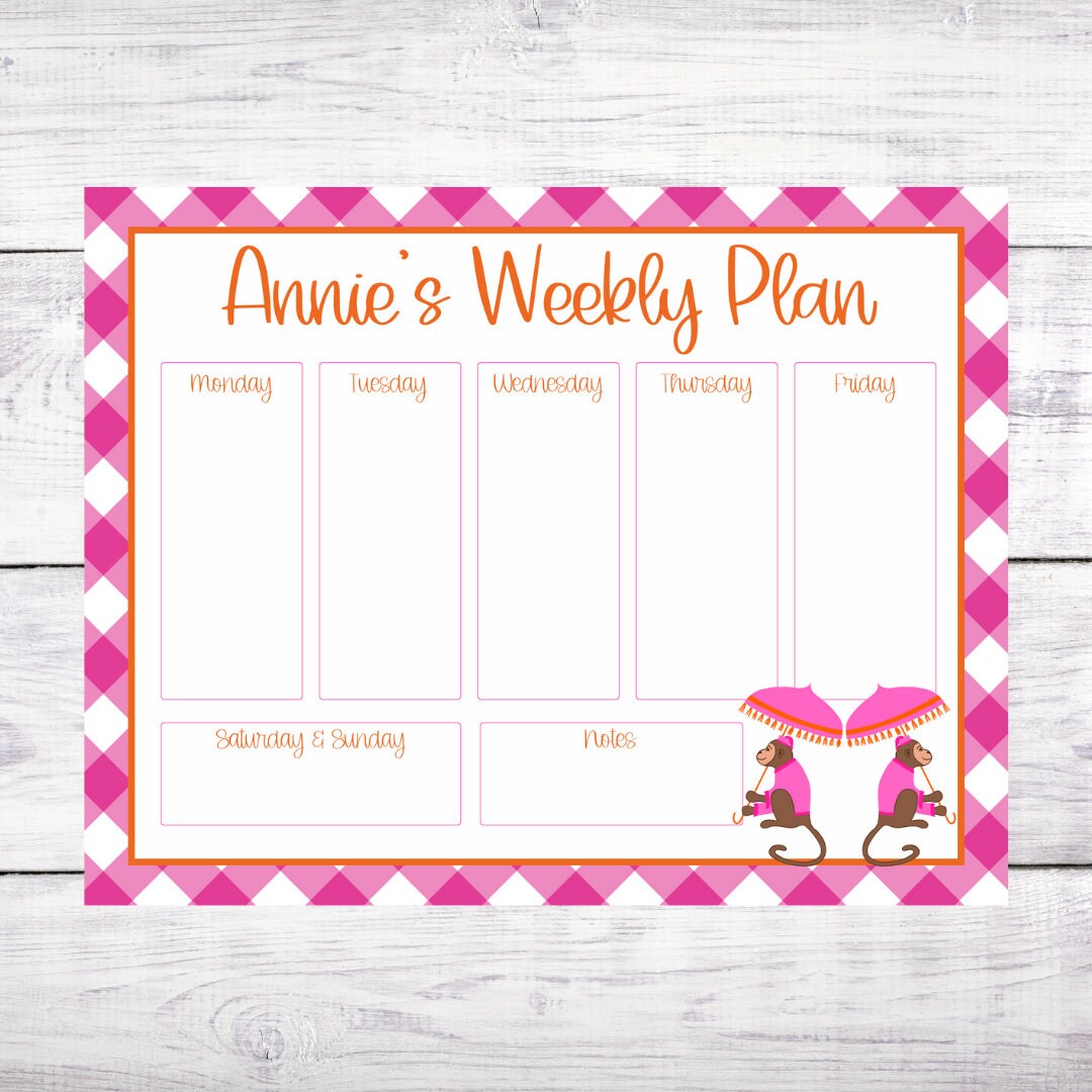 Personalized Weekly Planner Notepad: Pink Monkey Design - Etsy