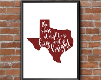 Texas Art Print - Deep in the Heart of Texas - State Pride - State Love - Maroon and White - 5x7 or 8x10