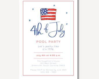 4th of July Pool Party Invitation | Patriotic Hand-Painted Flag (Digital Download)