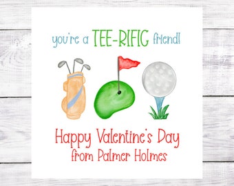 20 Valentine Gift Stickers - Golf - Tee-rific - Personalized - Classroom - Friends - Funny - Square - 2x2 - 3x3