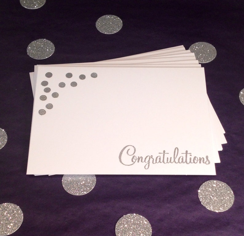 Congratulations Folded Note Cards and Envelopes Set of 8 Silver and White Polka Dot Design