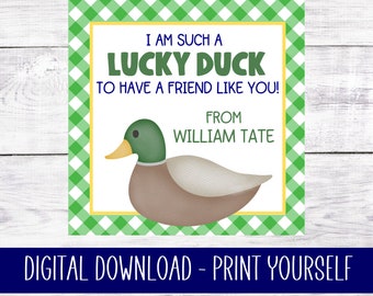 Printable Valentine Tag - Lucky Duck - Friend - Green - Edit and Print at Home - Instant Download