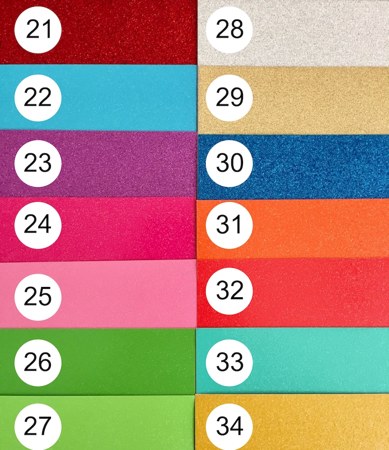 Pode incluir: Um gr&aacute;fico de cores com amostras retangulares em v&aacute;rias cores, incluindo vermelho, azul, roxo, rosa, verde, prata, dourado e laranja. Cada amostra &eacute; rotulada com um n&uacute;mero de 21 a 34 em um c&iacute;rculo branco. As cores variam de brilhantes a s&oacute;lidas.