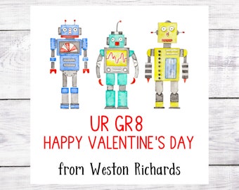 20 Valentine Gift Stickers - Robot - Personalized - Classroom - Friends - Funny - Square - 2x2 - Free Shipping