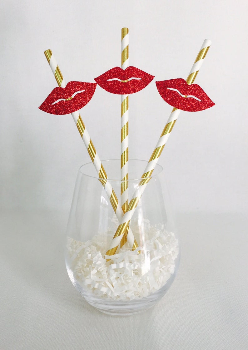 12 Red Lips Party Straws Bachelorette Party Bridal Shower Kiss Valentine's Day Makeup Glitter Birthday Party image 1