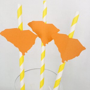Pode incluir: Um conjunto de palhinhas de papel &agrave;s riscas amarelas e brancas, cada uma encimada por um recorte laranja do estado da Carolina do Sul. As palhinhas est&atilde;o dispostas num copo transparente, sugerindo um tema festivo.