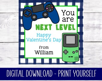 Printable Valentine Tag - Video Games - You Are Next Level - Boy - Blue and Green - Edit and Print at Home - Instant Download