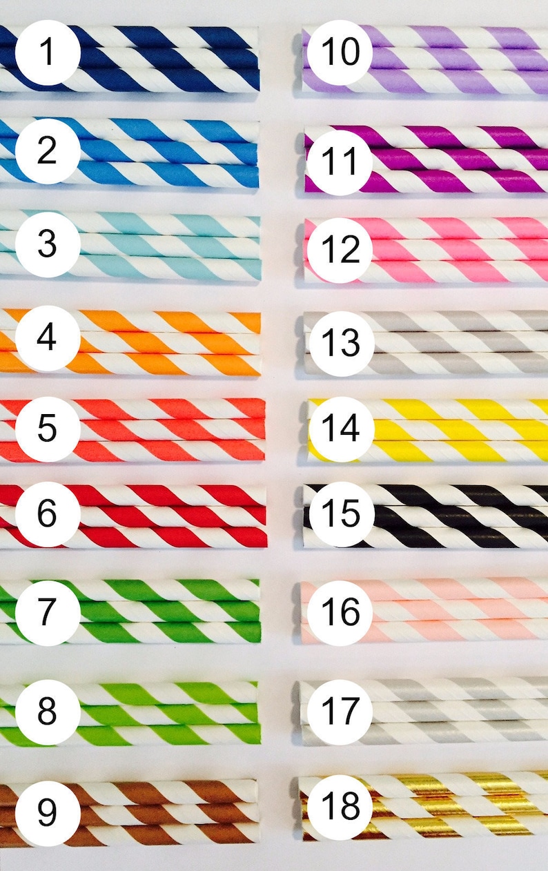 Pode incluir: Uma cole&ccedil;&atilde;o de dezoito palhinhas de papel, cada uma com um padr&atilde;o de riscas diagonais em v&aacute;rias cores. As cores incluem azul, azul claro, laranja, vermelho, verde, castanho, roxo, rosa, cinzento, amarelo, preto e dourado. As palhinhas est&atilde;o numeradas de 1 a 18.