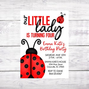 Birthday Party Invitation - Girl Birthday - Little Lady - Ladybug - Printed OR Digital File - Free Shipping