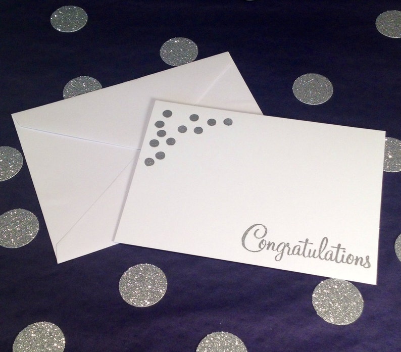 Congratulations Folded Note Cards and Envelopes Set of 8 Silver and White Polka Dot Design