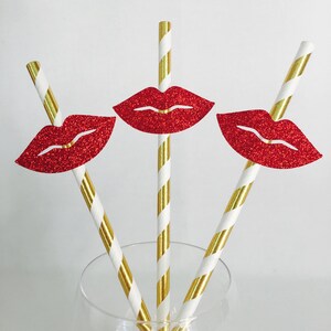 12 Red Lips Party Straws Bachelorette Party Bridal Shower Kiss Valentine's Day Makeup Glitter Birthday Party image 2