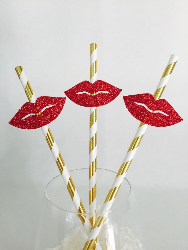 12 Red Lips Party Straws Bachelorette Party Bridal Shower Kiss Valentine's Day Makeup Glitter Birthday Party image 2