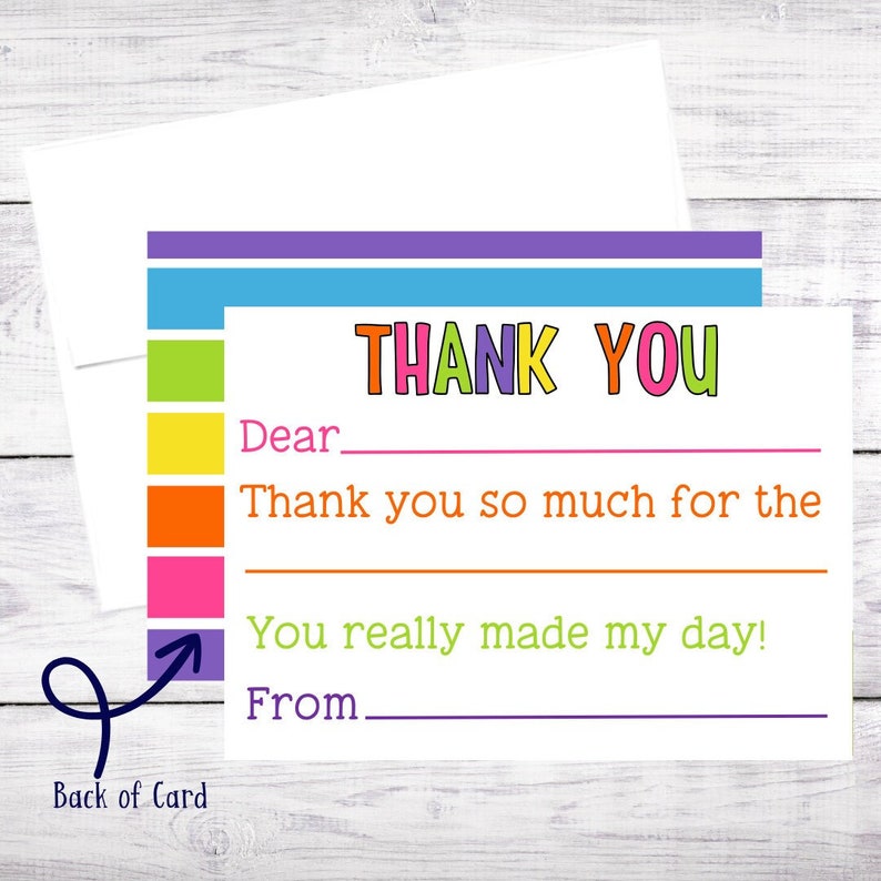 10 Fill-In-The-Blank Kids Thank You Notes Birthday Pink Purple Girl Christmas Child Free Shipping image 1