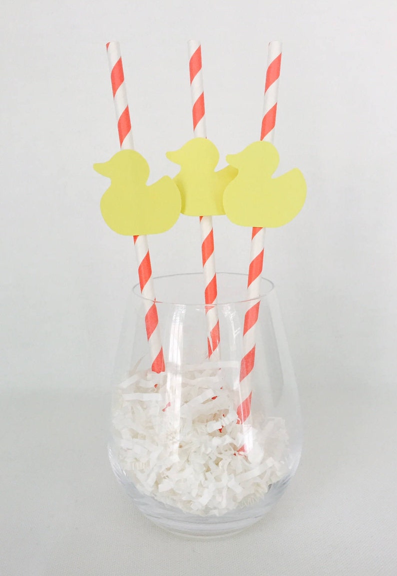 12 Baby Shower Party Straws Rubber Duck Shower Decorations New Baby Pink Blue Yellow Baby Sprinkle Stripes Paper Straws image 1