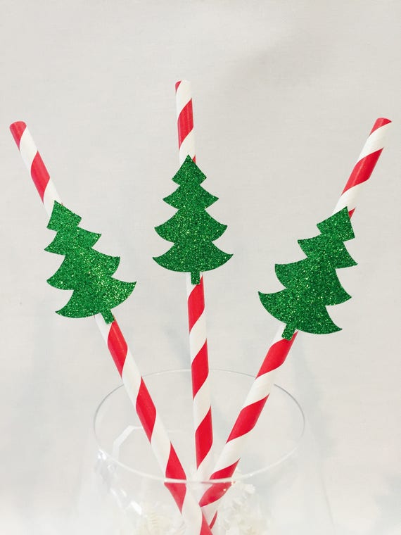 12 Christmas Tree Straws Striped Straws Christmas Party Glitter Swizzle  Sticks Green Red Holiday Party 