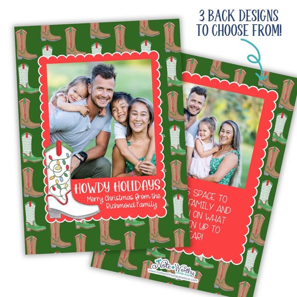 Tarjeta navideña familiar de Texas con fotos, botas de vaquero, ¡Hola fiestas!