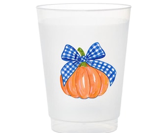 Frosted Plastic Cups, Pumpkin Gingham Bow, Fall Party Drinkware (12 oz or 16 oz)