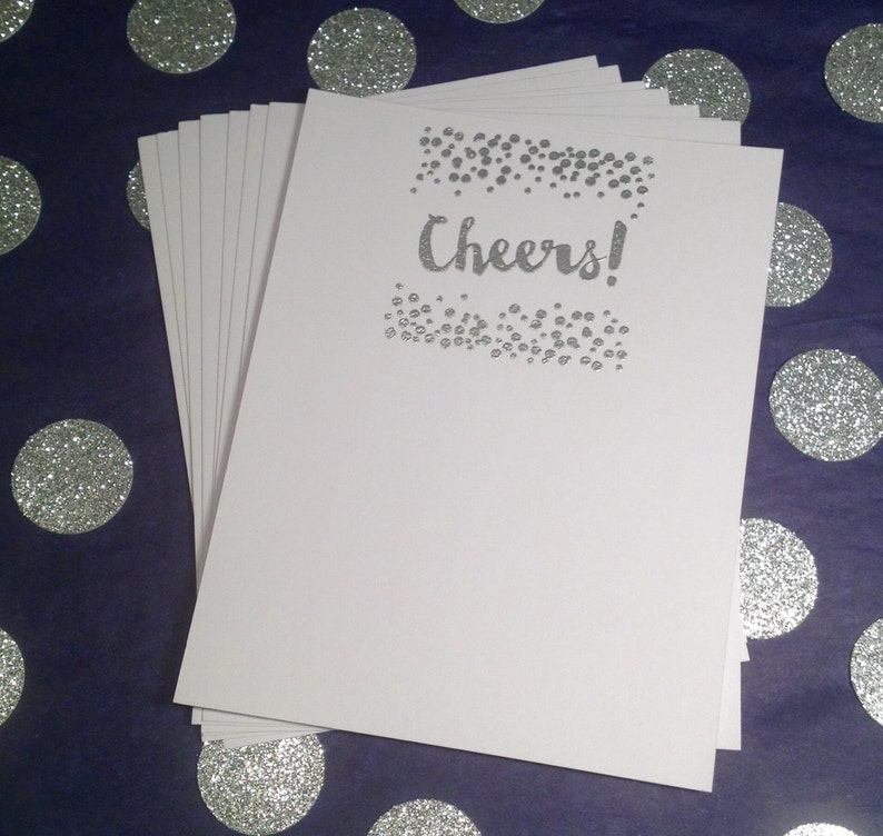 Set of 8 SIlver and White CelebrateConfettiCheers Flat Cards /& Envelopes
