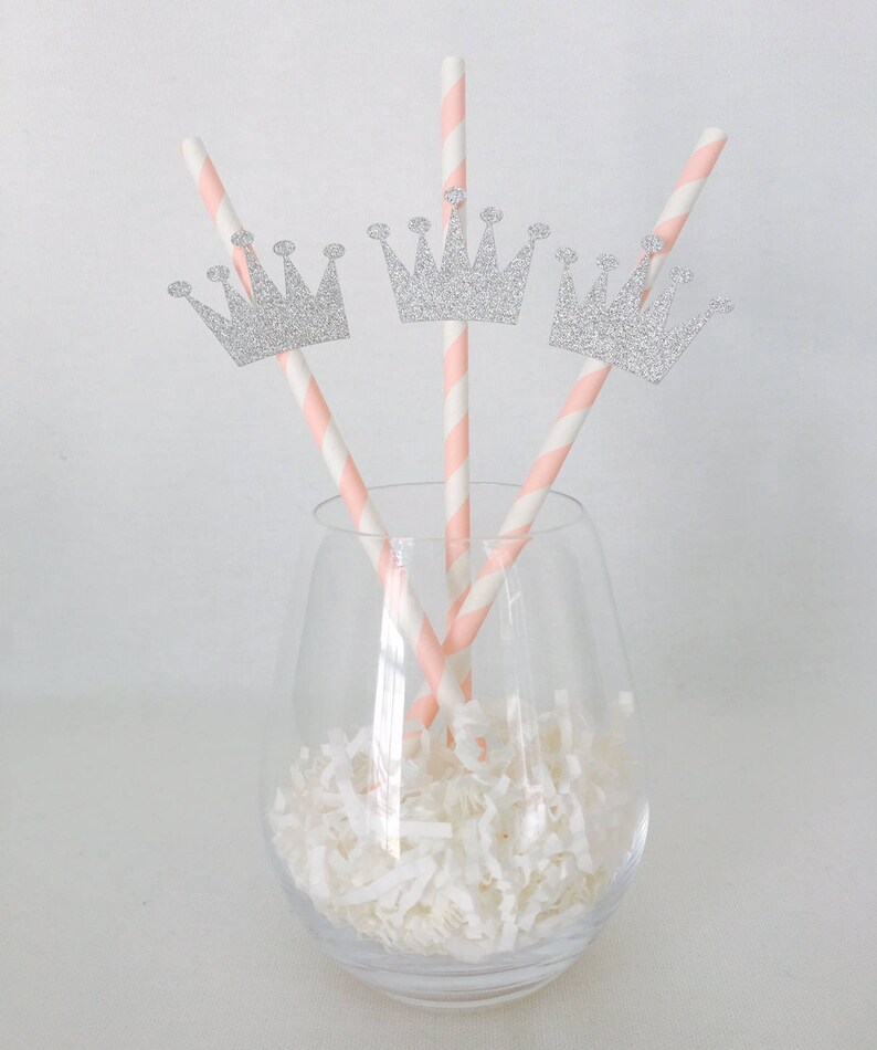 12 Crown Party Straws Princess Birthday Party Princess Party Royal Queen Silver Glitter Drink Stirrer Baby Shower image 1