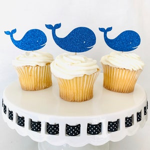 Whale Cupcake Toppers - Nautical - Baby Shower - Birthday Party - Glitter - Ahoy - Free Shipping