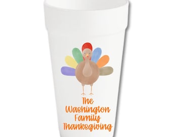 Personalized Watercolor Turkey Thanksgiving Foam Cups, Custom Family Friendsgiving Drinkware