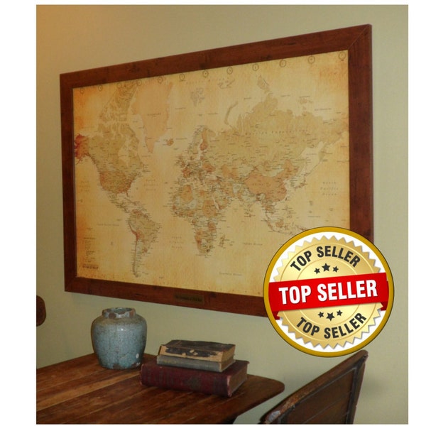 First Year Anniversary Personalized Vintage Style World Push Pin Map With Brass Plate Push Pins and Frame