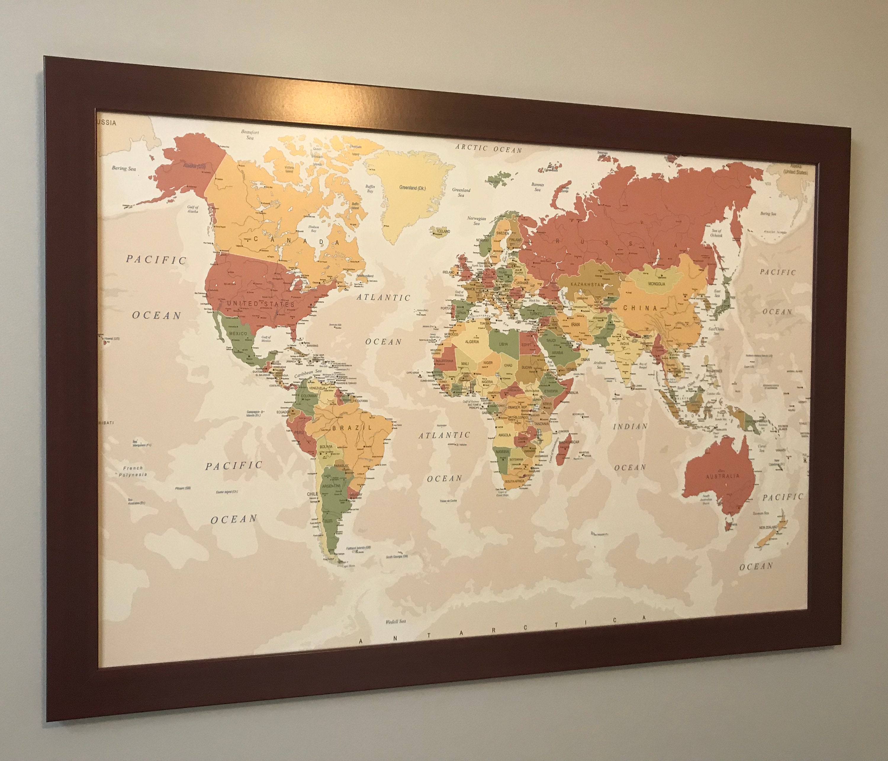Push Pin World Map Shown With Mahogany Frame Etsy