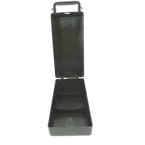 May include: Black plastic storage case with a handle and multiple compartments. The case is open and empty.