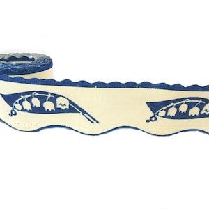 May include: A white ribbon with a blue scalloped edge and a repeating pattern of blue lily of the valley flowers.